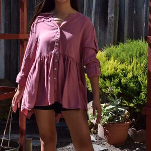 Harper Women's Flowy Roll Sleeve Button Top Shirt Blouse Pink Size Medium